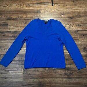 Lord & Taylor Blue 100% Cashmere Vneck Sweater Women XL Old Money Quiet Luxury